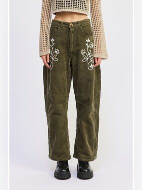 Jacquie The Label Corduroy Barrel Leg Pants Embroidered Olive Green Size Small